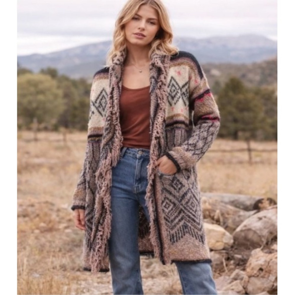 Anthropologie Pilcro Fringe Cardigan Evil eye eyelash trim long sweater Sz Large